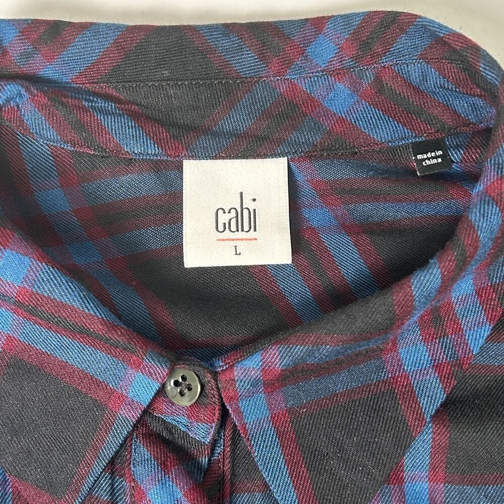 Cabi 3431 Button Up Peplum Top Womens Size L Blue Black Moody Plaid Long Sleeve - Picture 5 of 13
